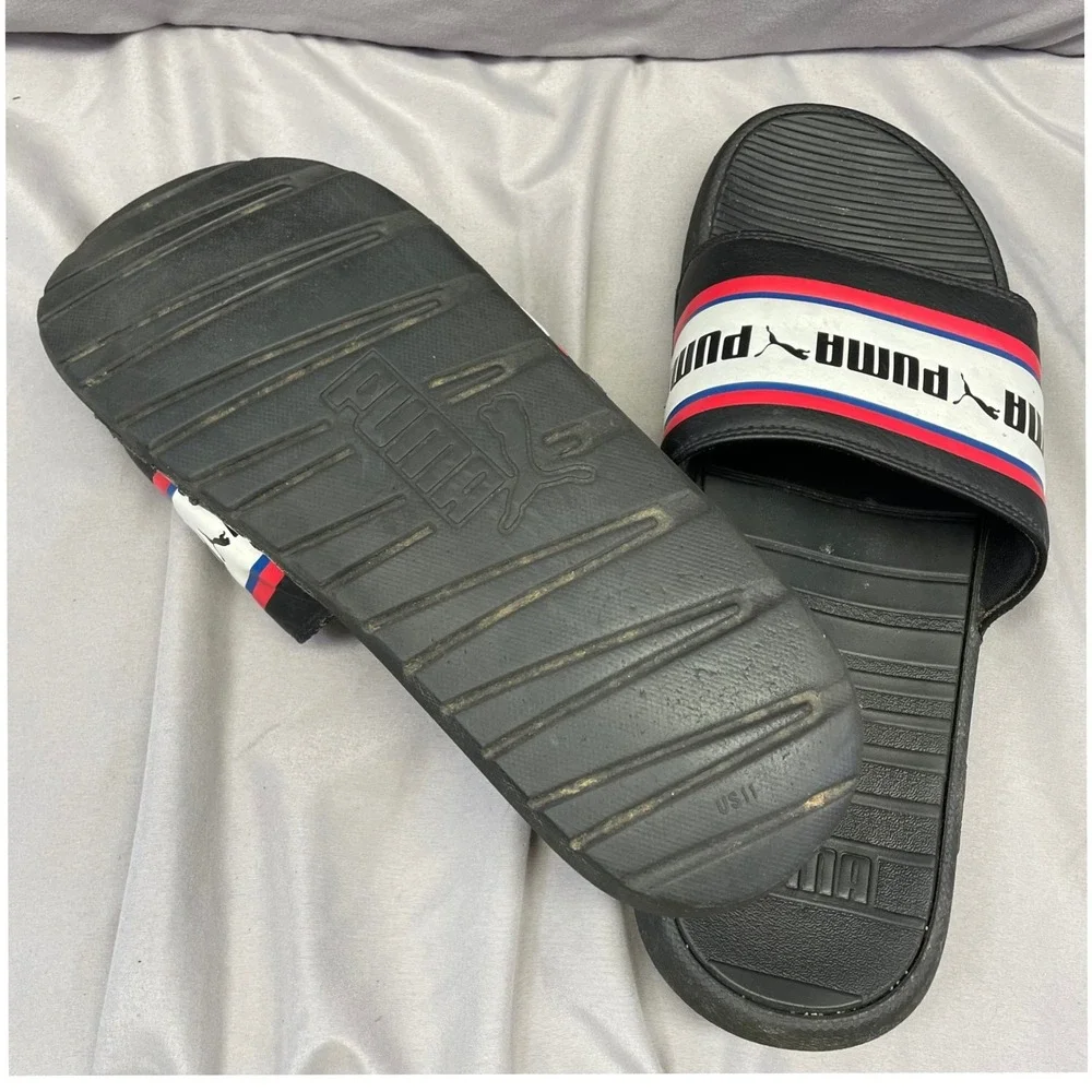 Puma Cool Cat Mens Slides Black‎ Red White Blue Logo Sandals US 11